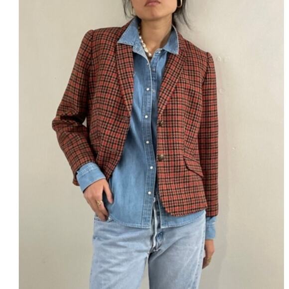 J. CREW Factory Schoolboy Blazer Wool Houndstooth Red Tan Sz 2 {3G5}